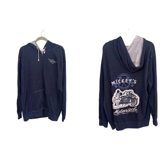 Mickeys Motorcycle Disney Parks Mens Hoodie Sweatshirt XXL Blue Graphic - Picture 1 of 12